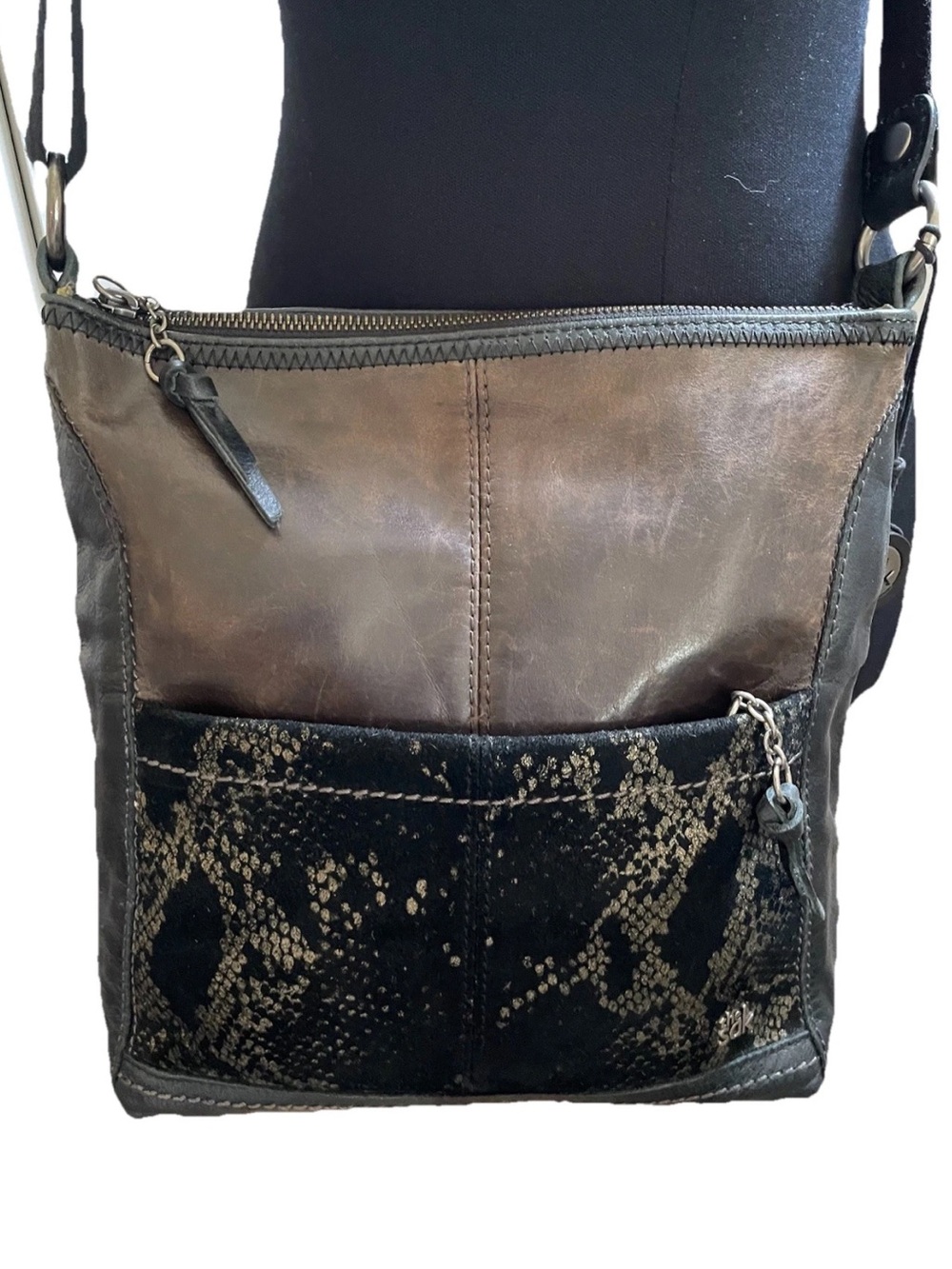 The Sak Iris  Mixed Leather Crossbody Bag Black and Brown Snakeskin edgy glam